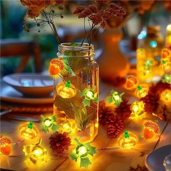 Fall Decorations for Home 30 LED Pumpkin Maple Leaf Lights Battery Operated - Picture 2 of 6